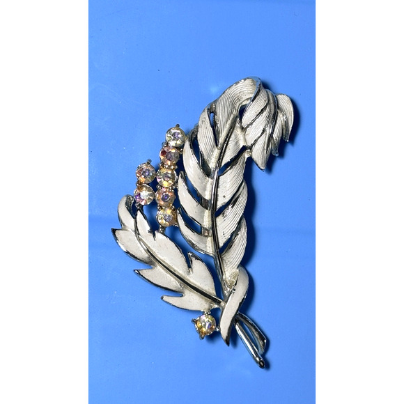 Vintage Lot 3 Leaf Branch Brooch Silvertone Goldstone, Enameled Rhinestone 2" - Picture 9 of 16